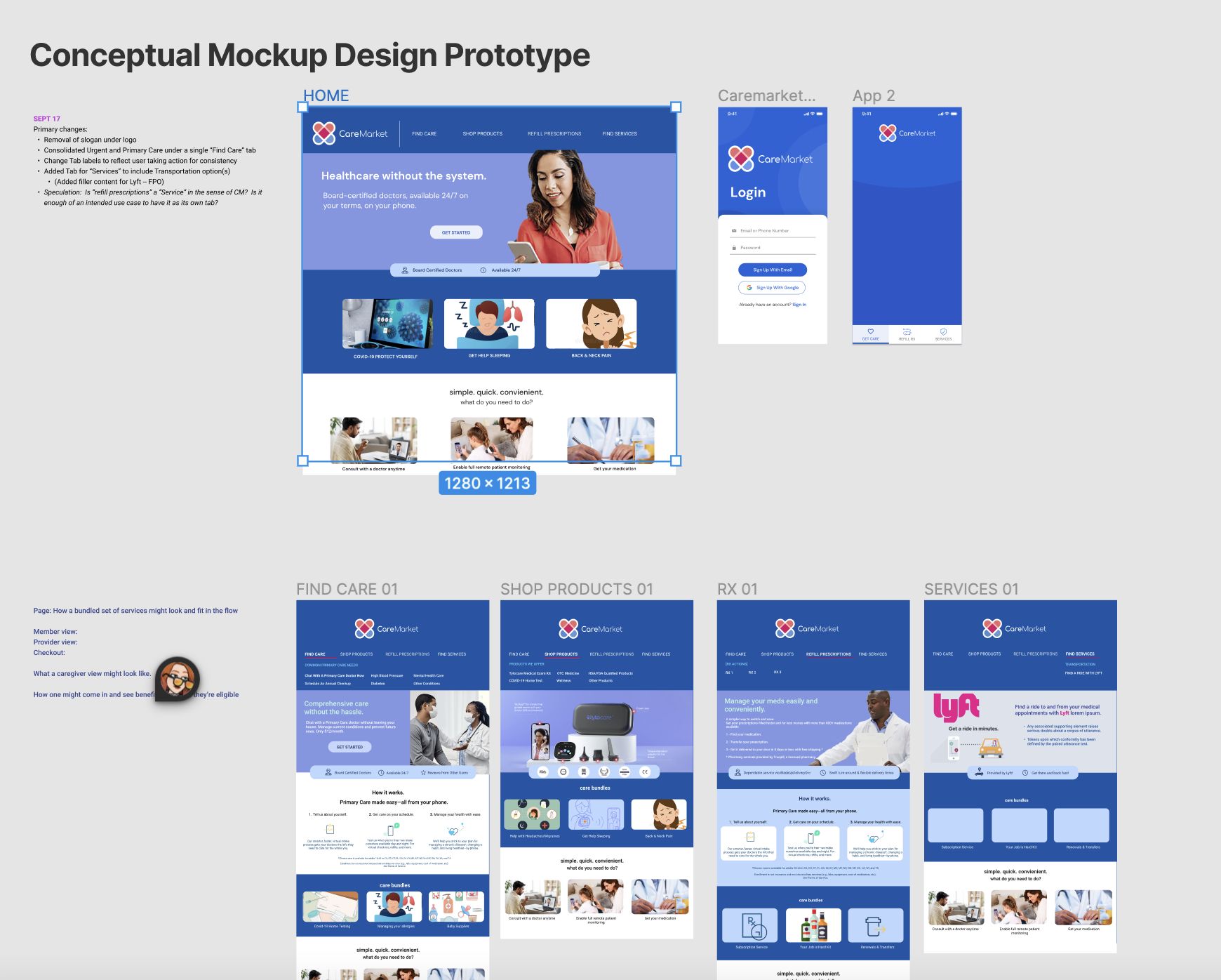 Conceptual mockup of the Care Market homepage and supporting app screens