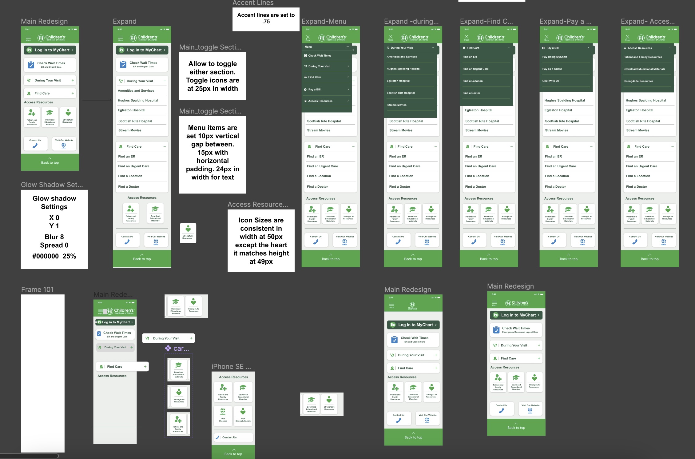 CHOA Patient-Facing Mobile App wireframes and visual design drafts