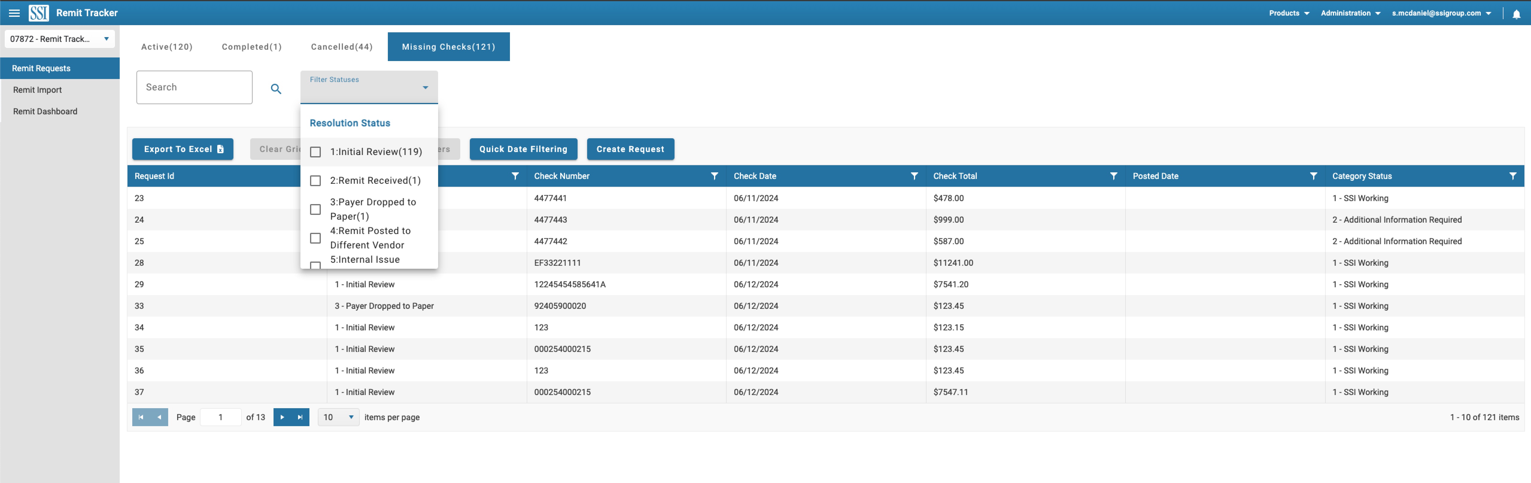 SSI Remittance Tracker product screen showing multi-column transaction data and workflow controls